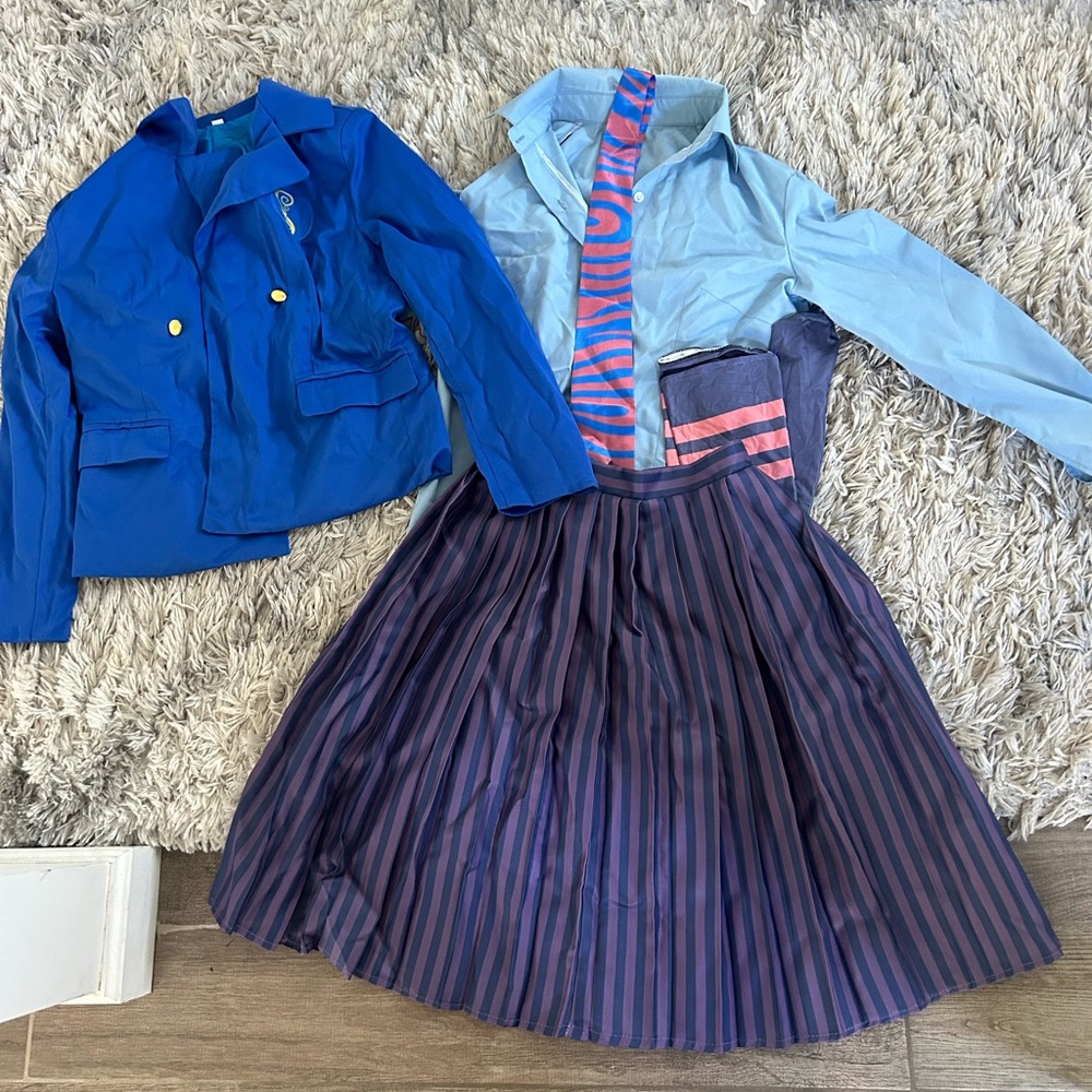 Blue Jacket and Striped Skirt Set
